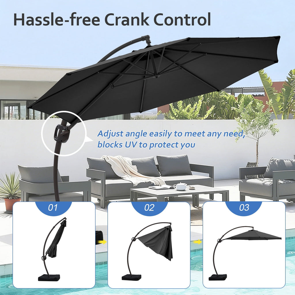 FUNDAZE 11ft Market Patio Umbrella with Base, Curved Cantilever Hanging Sun Shade with Crank & Tilt for Garden, Deck, Poolside,Beige