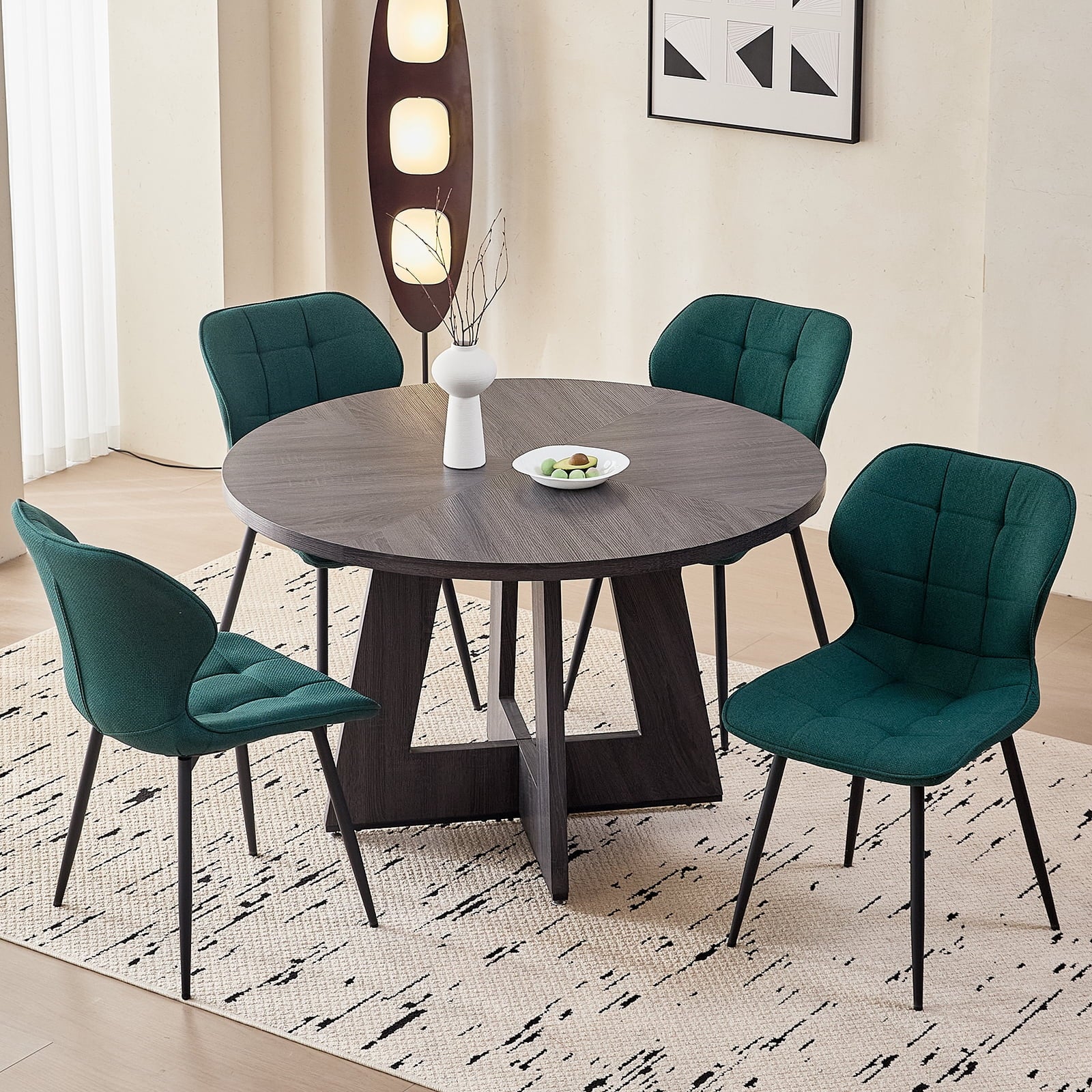 5 Piece 47'' Round Dining Table Chairs Set for 4, Farmhouse Oak Kitchen Table with 4 Boucle Mid Century Modern Dinning Room Chairs, Wood Dinner Table &Upholstered Chair Set of 4, Beige
