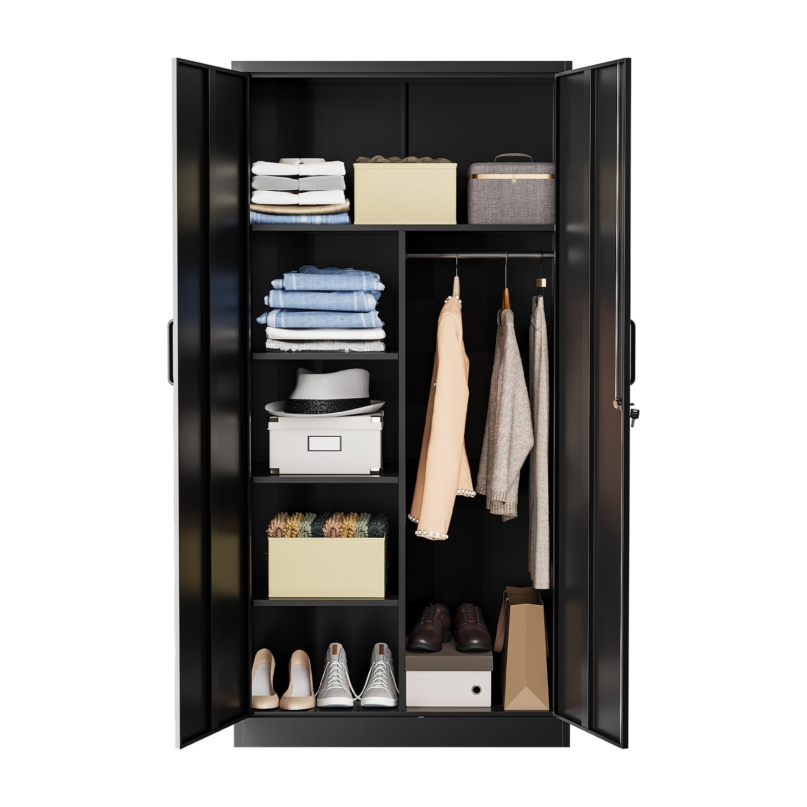 STANI Metal Wardrobe Closet with Hanging Rod, 72 White Armoire Wardrobe Cabinet with Adjustable Shelves, Clothes Storage Organizer Cabinets for Bedroom, Bathroom, Office