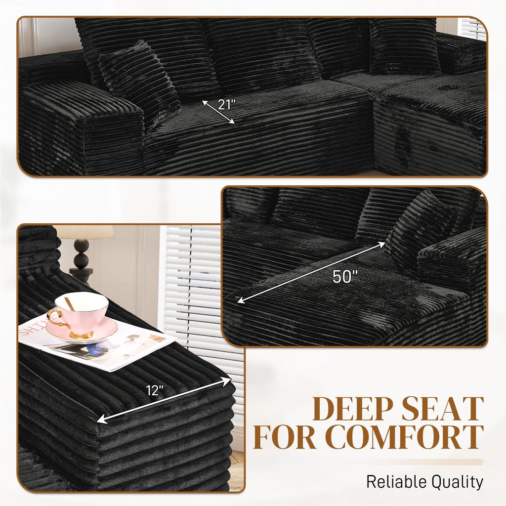 Aukfa 95 Cloud Sectional Sofa Deep Seat Boneless Couch Modular L-Shaped Couch, Left Chaise Corduroy Sofa for Living Room, Black