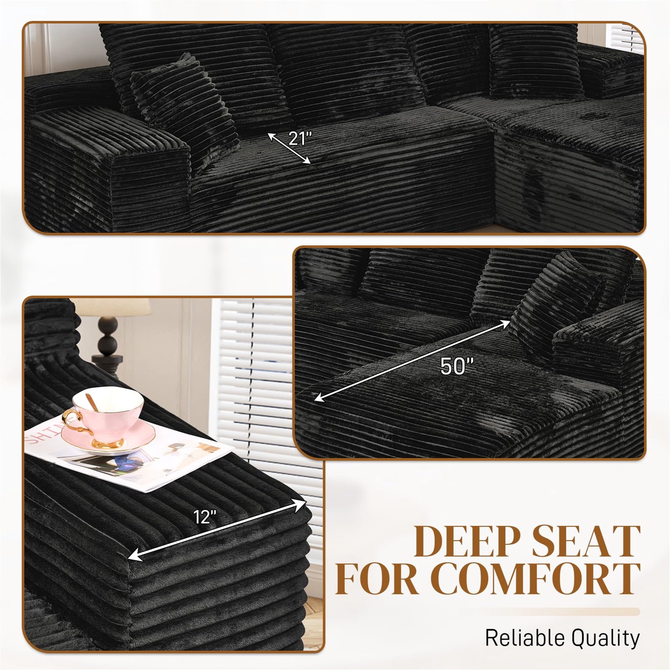 Aukfa 95 Cloud Sectional Sofa Deep Seat Boneless Couch Modular L-Shaped Couch, Left Chaise Corduroy Sofa for Living Room, Black