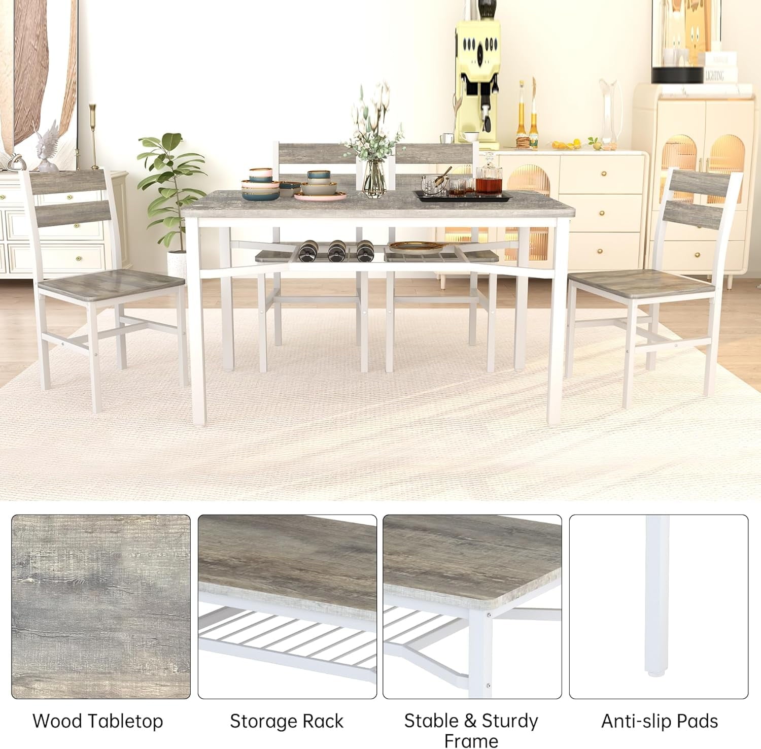 Baxluxe 4-person dining table set, farmhouse-style wooden kitchen dining table and chair set, farmhouse 5-piece dining table set with storage rack, small kitchen dining table set,Black