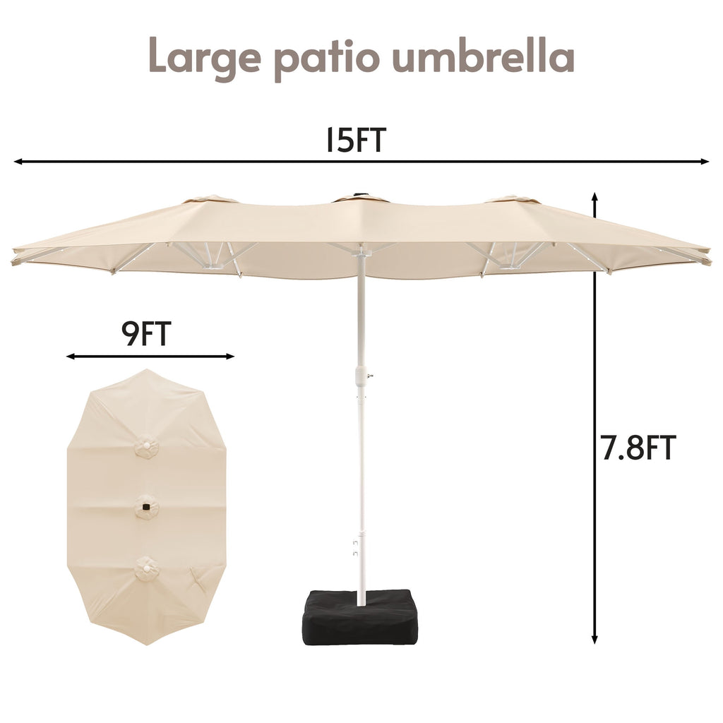 LAZZO 15ft Large Patio Umbrella with Base and Lights, Double-Sided Rectangular Outdoor Deck Umbrella, Tiki Style