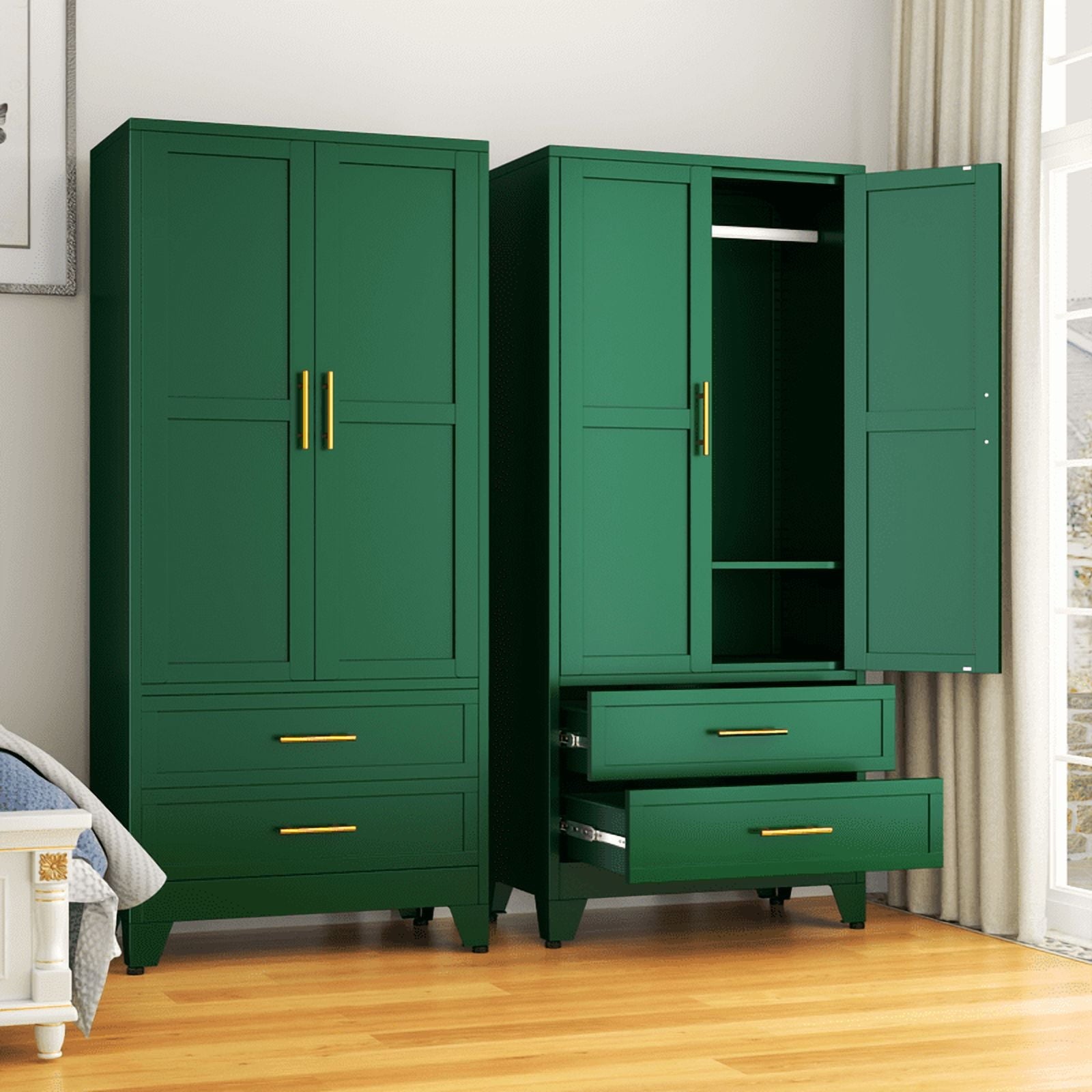 EROSOEI Metal Freestanding Armoire Wardrobe Clost With Hanging Rod and Drawers
