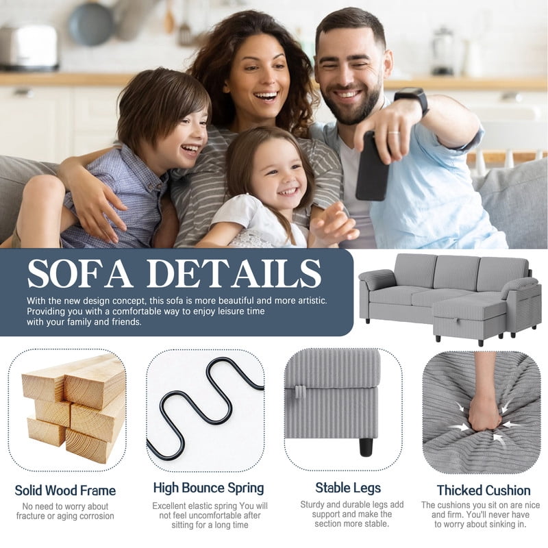 Walsunny 69 Convertible Sectional Sofa Couch with Storage Ottoman,L Shaped Sofa with Removable Pillows & Linen Fabric, Modern 3-Seat Couch with Reversible Storage Chaise,Dark Gray