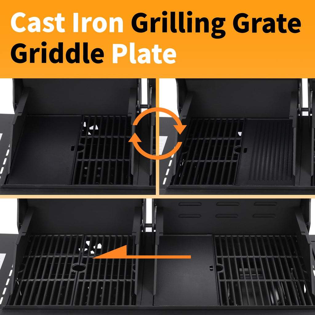 3 Burner Gas & Charcoal Combo Grill with Side Burner, Outdoor BBQ Propane Grill, 673 Sq. In. Cast Iron Grates & Reversible Griddle, 37200 BTU Stainless Steel Lid for Backyard Cooking