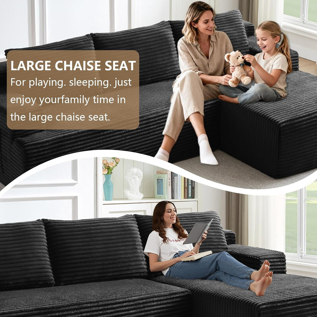 96 Boneless Cloud Couch with Chaise, Modular Sectional Sofa for Living Room, No Assembly Required, Deep Seat Corduroy Couch, Green