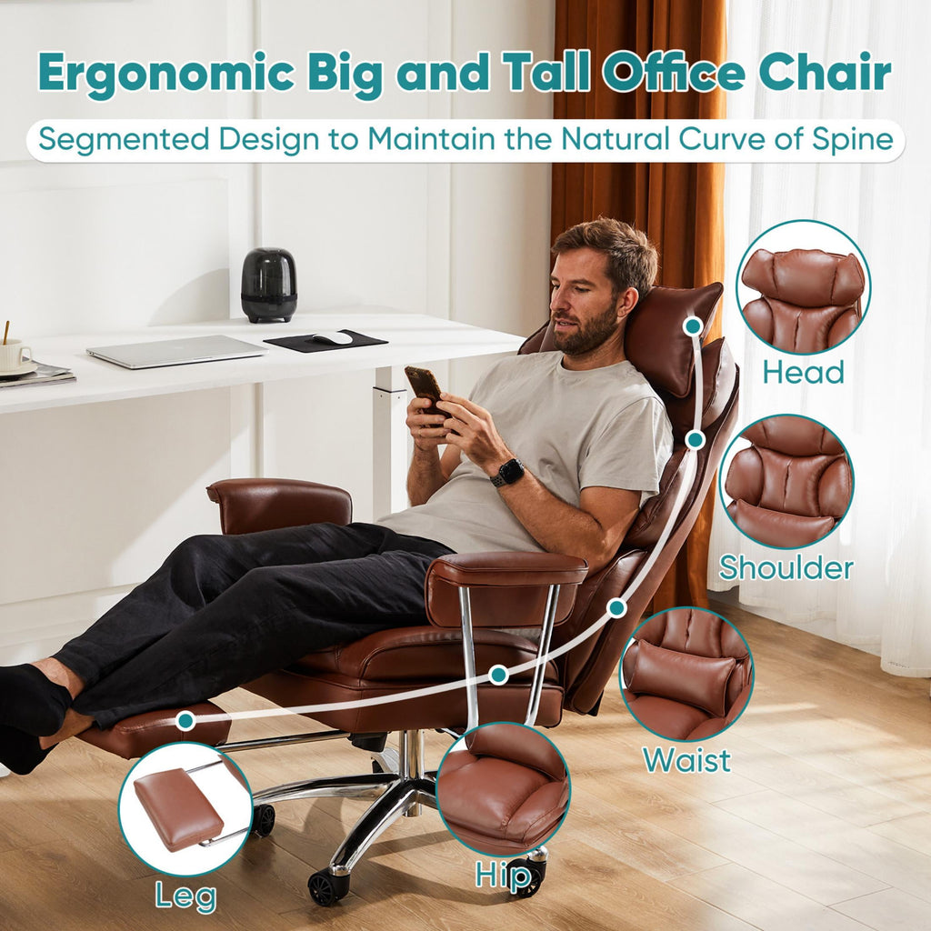 edx Executive Home Office Desk Chair, Ergonomic Big Tall High Back with Footrest & Lumbar Support, Reclining Comfy PU Leather Computer Gaming Chair with Swivel Wheels, Height Adjustable, Black