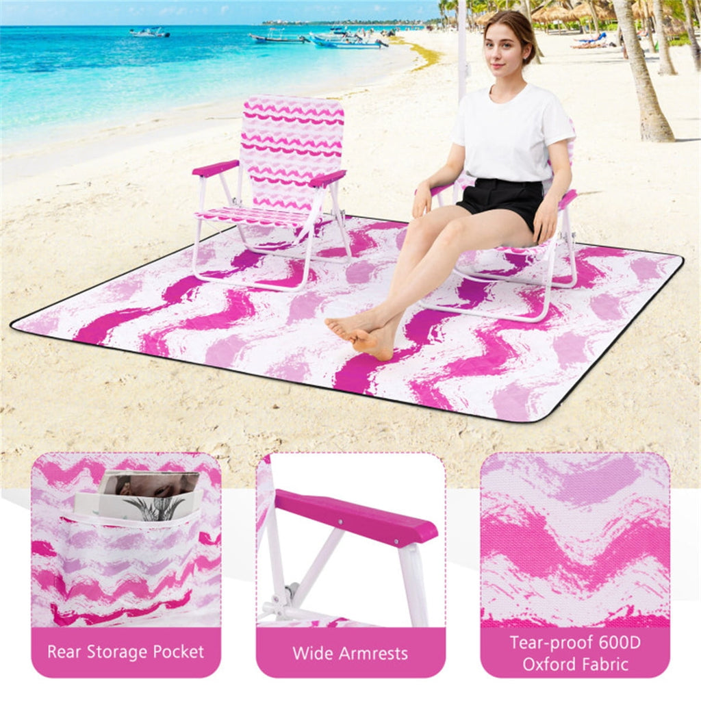 Portable Beach Set 4-Piece Pink – Sun-Proof Umbrella 2 Comfortable Folding Chairs & Large Waterproof Picnic Blanket
