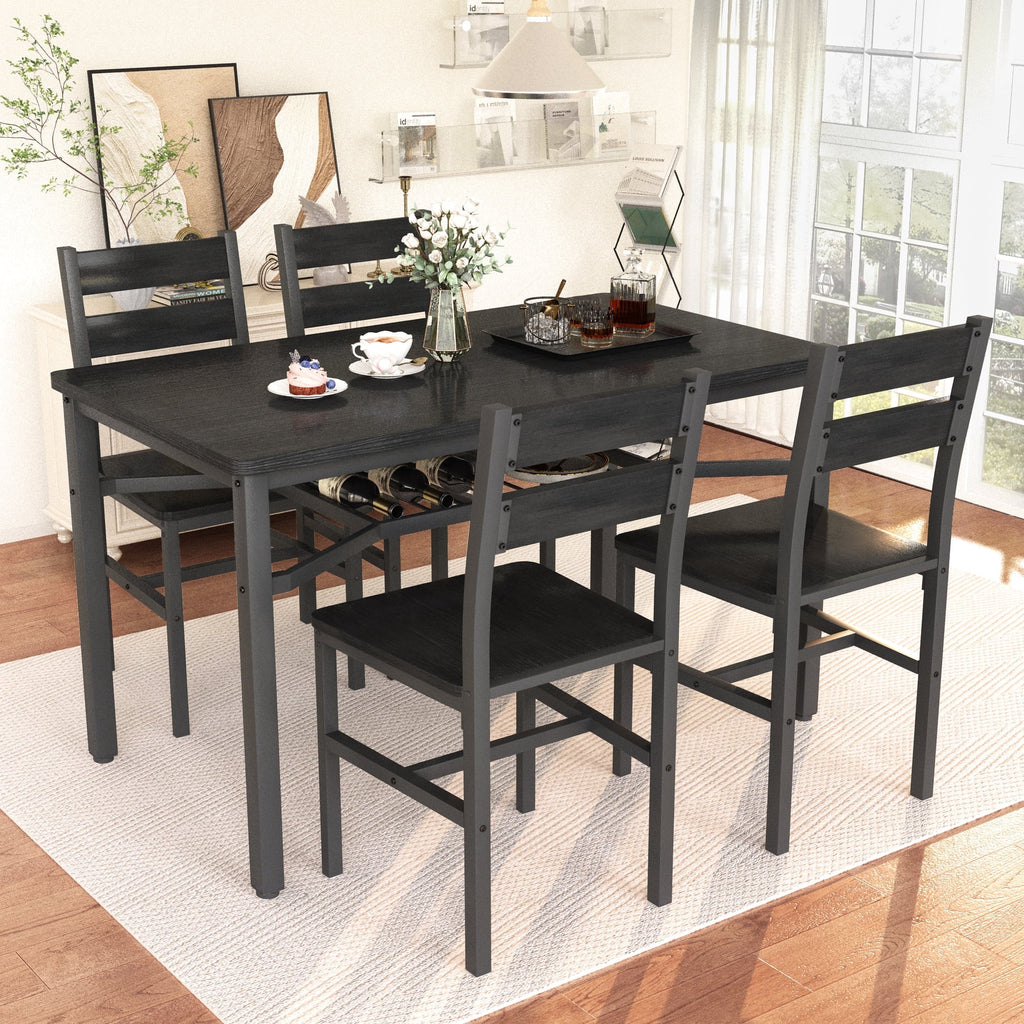 Baxluxe 4-person dining table set, farmhouse-style wooden kitchen dining table and chair set, farmhouse 5-piece dining table set with storage rack, small kitchen dining table set,Black