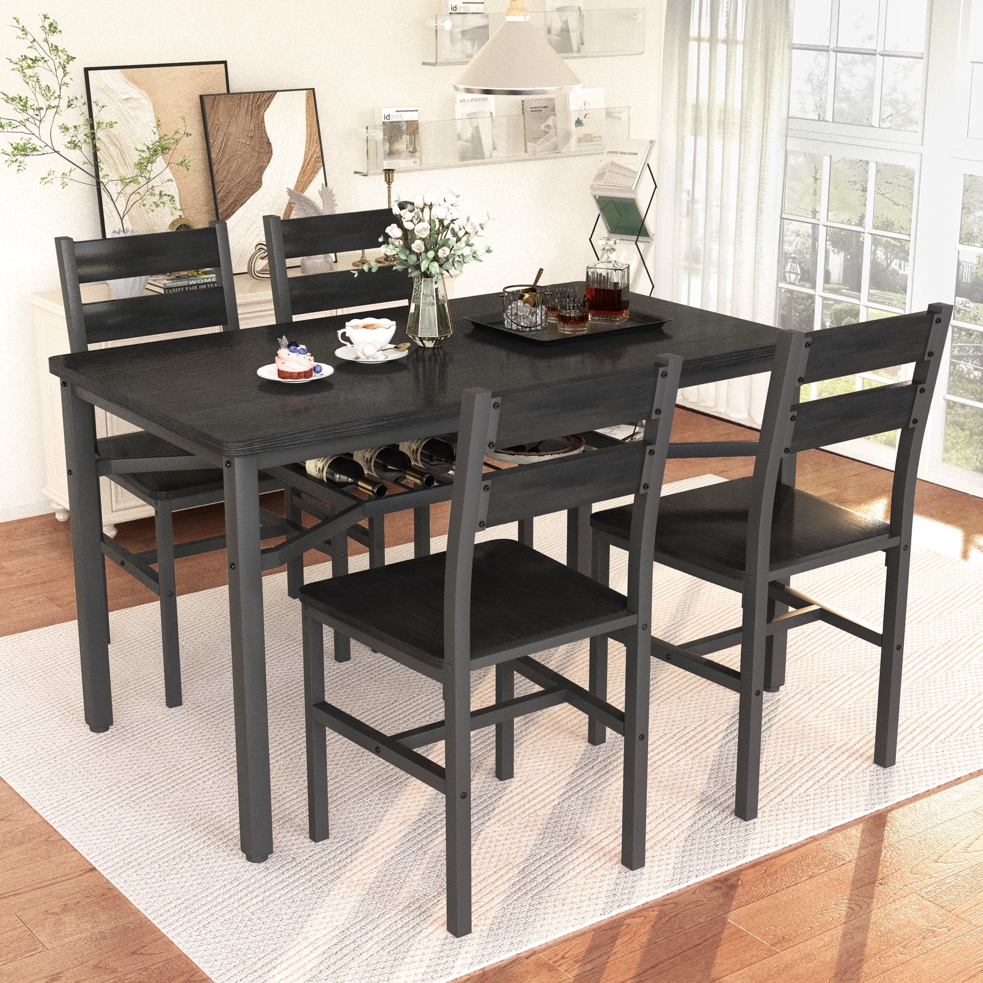 LinkRomat Dining Table Set for 4, Farmhouse Kitchen Table with 4 Wood Chairs, Dining Room Set for Breakfast Nook, Small Places, Restaurant, Gray