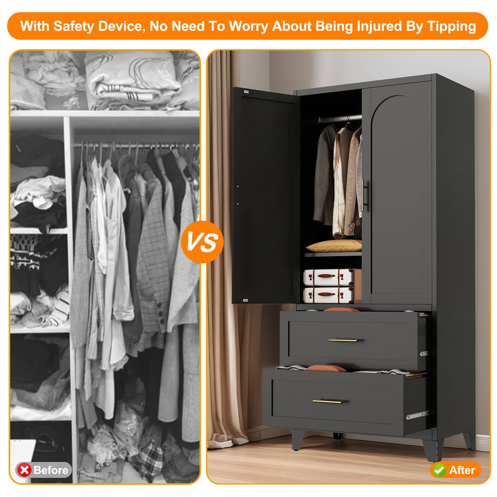 avobird 60 Tall Metal Wardrobe Cabinet with 1 Drawer and Hanging Rod, 2 Doors Wardrobe Closet with Shelf for Bedroom, Beige