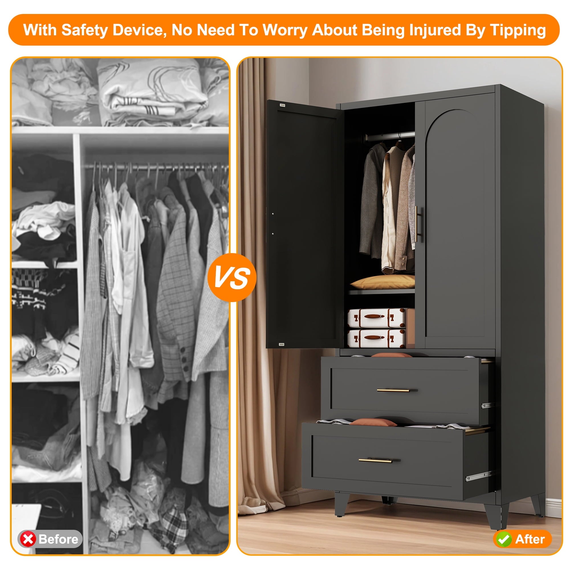 avobird 60 Tall Metal Wardrobe Cabinet with 1 Drawer and Hanging Rod, 2 Doors Wardrobe Closet with Shelf for Bedroom, Beige