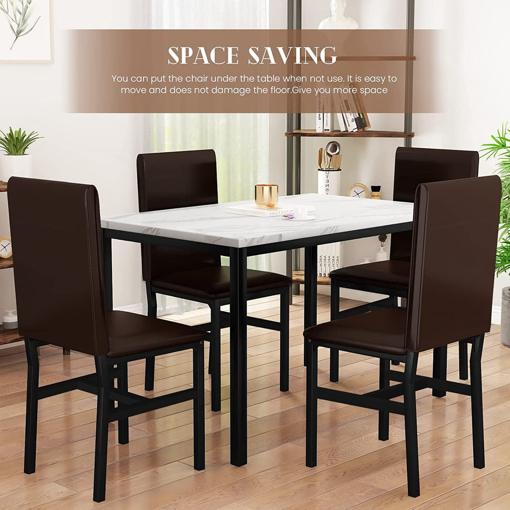 MIERES 5 Piece Dinning Table Sets for 4, Marble Kitchen Table and Chairs for 4,Dining Room Table Set with PU Leather Chairs,Faux Marble Dining Set for Small Spaces,Living Room,White+Brown