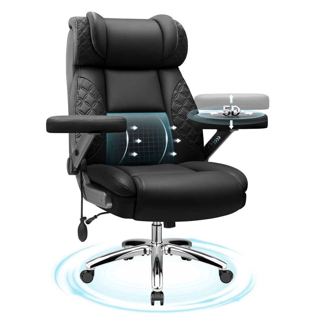 FASTES Leather Office Chair Big and Tall Desk Office Chair, 500lbs Computer Chair Ergonomic Extra Wide Gaming Chair with Adjustable Lumbar Support 5D Flip Arms, Black