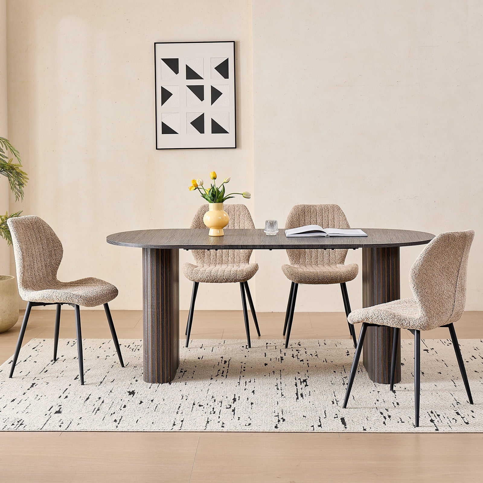 71 Natural Large Dining Table Set for 4 Modern Kitchen Table with Beige Boucle Upholstered Kitchen Chairs Set of 4