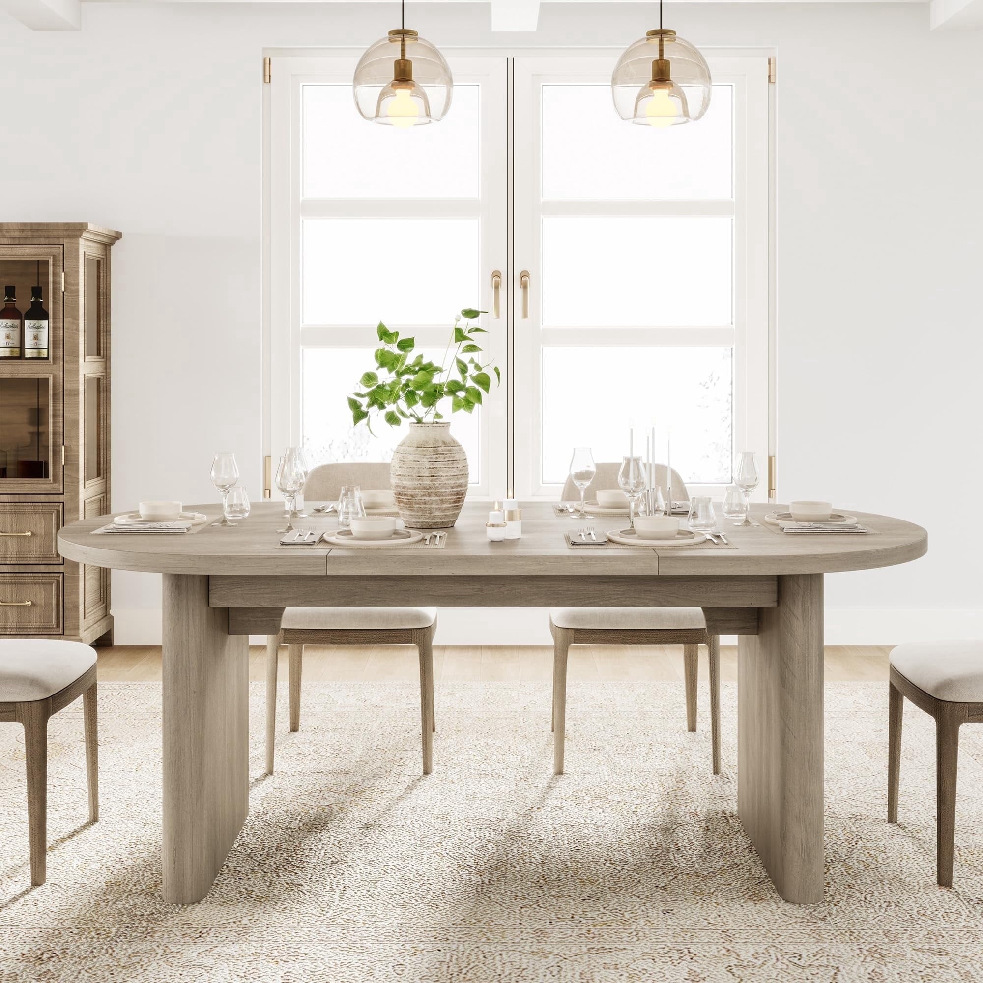 70.8 Inch Oval Farmhouse Dining Table for 6-8 People, Long Large Kitchen Table with Thick Sturdy Wooden Base-Natural