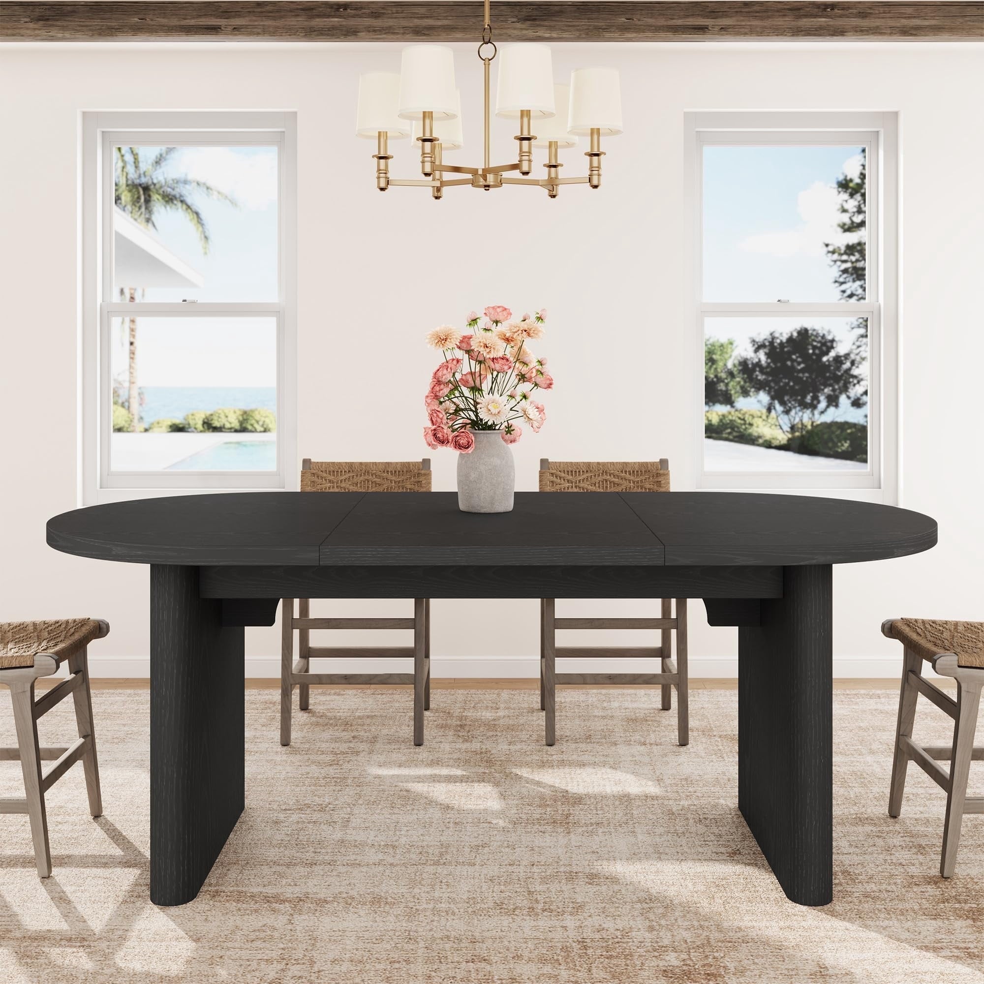 70.8 Inch Oval Farmhouse Dining Table for 6-8 People, Long Large Kitchen Table with Thick Sturdy Wooden Base-Natural