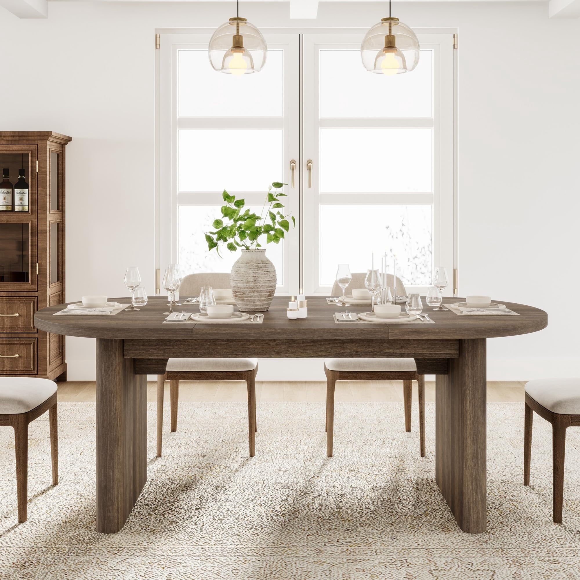 70.8 Inch Oval Farmhouse Dining Table for 6-8 People, Long Large Kitchen Table with Thick Sturdy Wooden Base-Natural