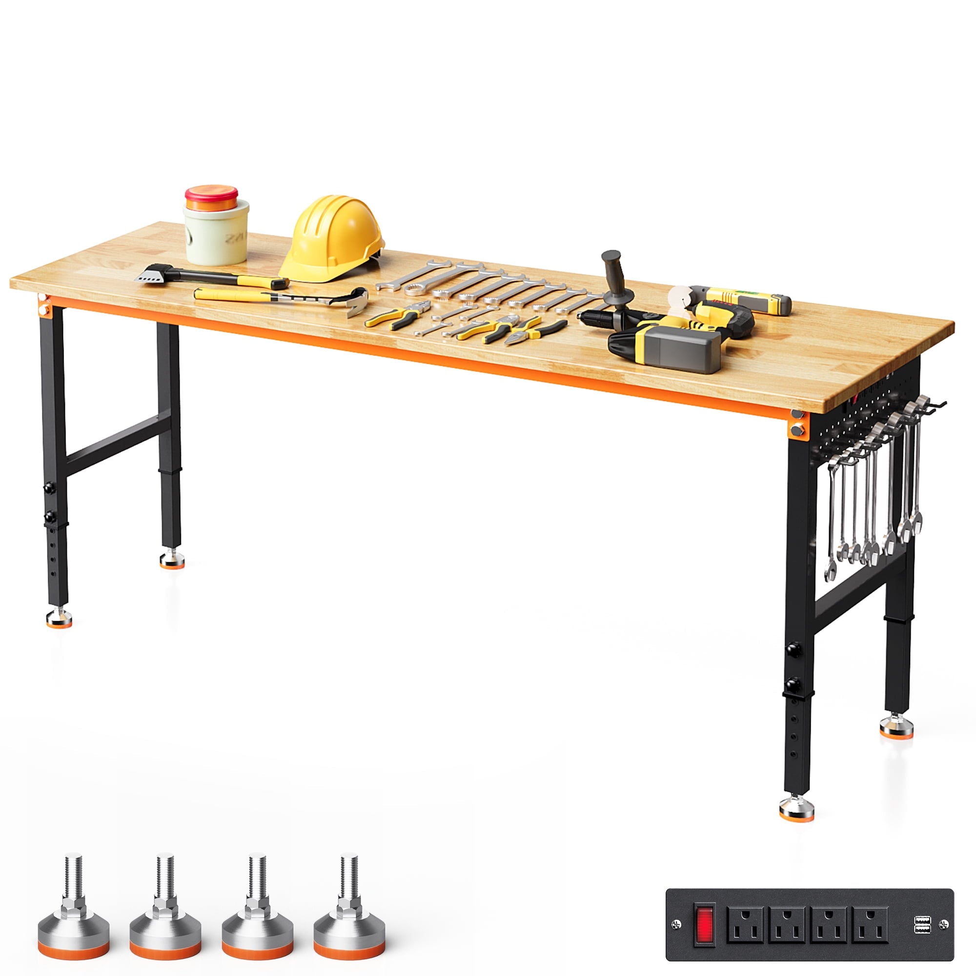 Joywind 60 Heavy-Duty Adjustable Workbench with Locking Wheels, Power Strip & Pegboard – Rubber Wood Work Table for Garage, Workshop, Home Office