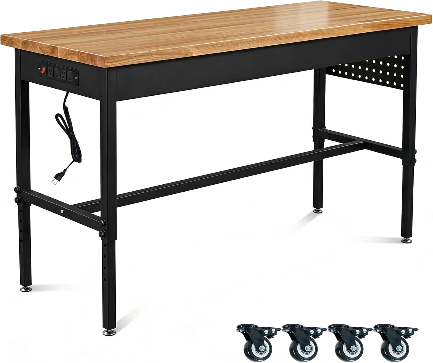 60 Inch Adjustable Workbench with Power Outlet, 2500 LBS Heavy Duty Double-Layer Workbench with Hardwood Top, 6-Level Height Adjustable Garage Work Table with Wheels, Rolling Workstation for Workshop