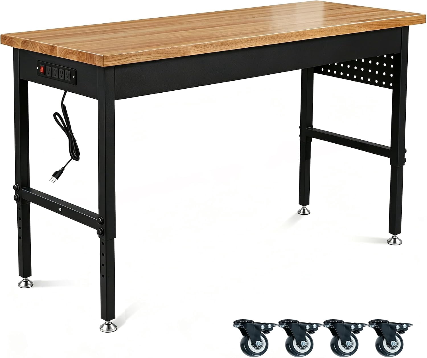 70 Inch Adjustable Workbench with Power Outlet Heavy Duty 2500 LBS Load Capacity Hardwood Work Table for Garage 6 Level Height Adjustable Workshop Bench with Wheels (70x22)