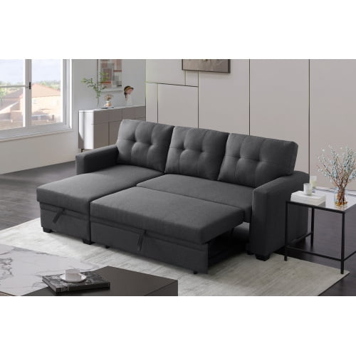 BSHTI L-Shaped Pull-Out Sleeper Sofa Bed with Storage Chaise, 3-Seater Convertible Corduroy Sectional Couch, Solid Wood & Iron Frame, Black