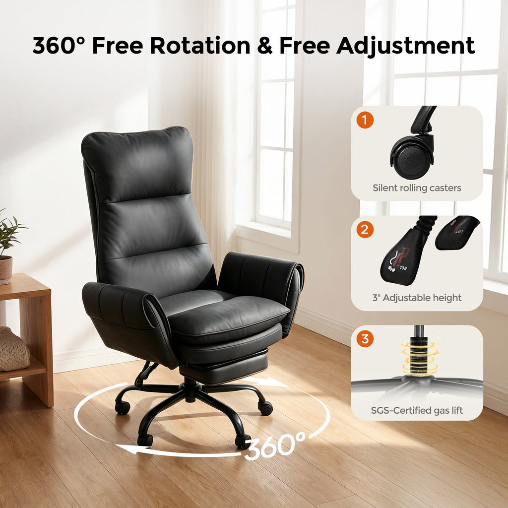 Patbrela Big and Tall Office Chair, PU Leather Swivel Desk Chair Ergonomic Computer Chairs with Adjustable Armrests, Black