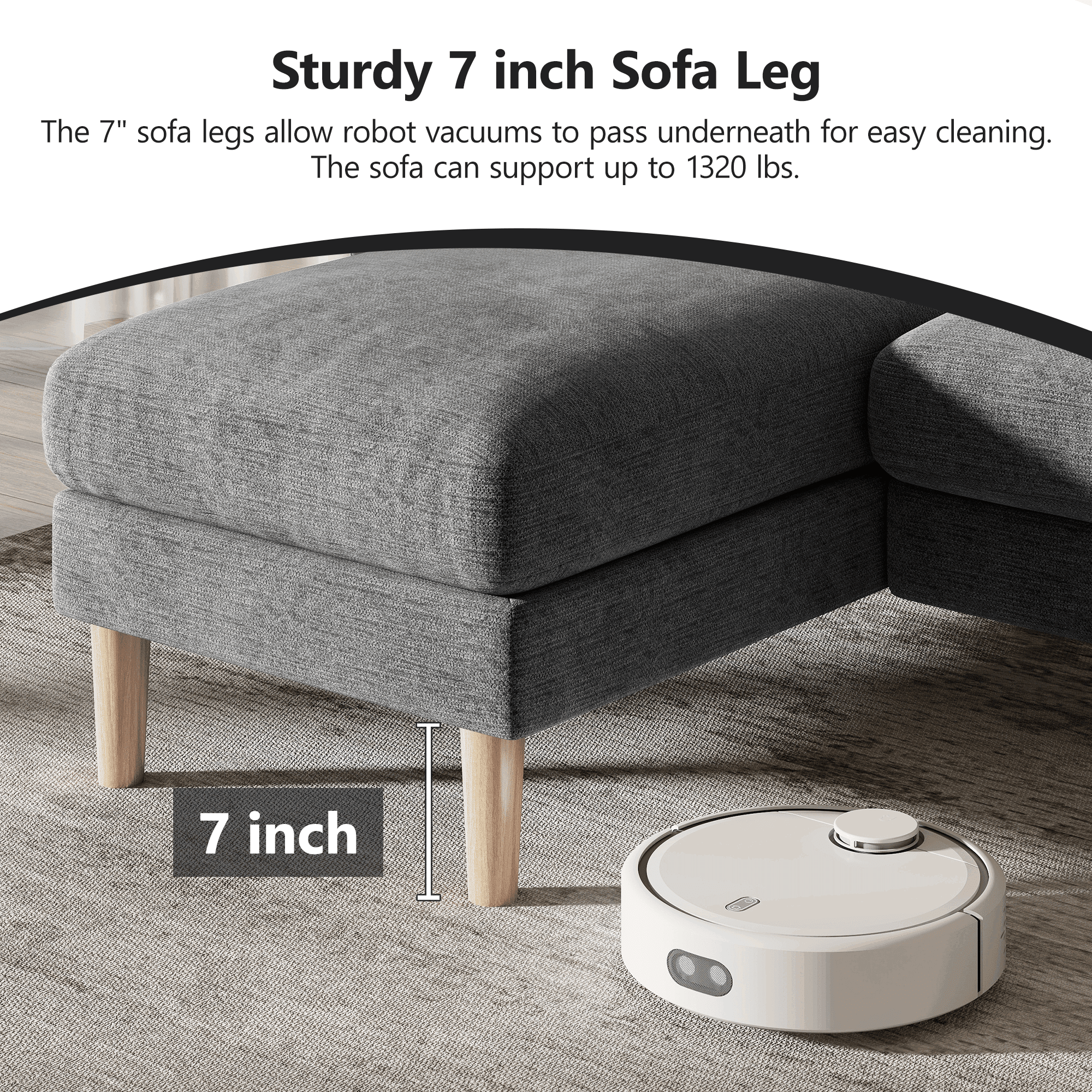 BedLuxury 100 U-Shape Sectional Sofa with Chaise, Chenille Modern Couch with High Legs for Living Room, Apartment, Gray