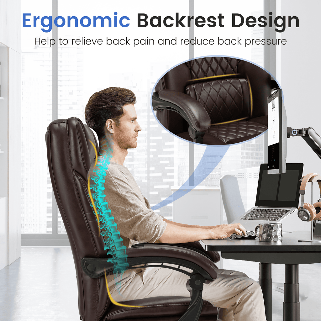 HOMREST Ergonomic Office Chair with 6-Point Massage & Heating, Adjustable Executive Desk Chair with Retractable Footrest, PU Leather Home Office Desk Chair for Home & Office (Black)