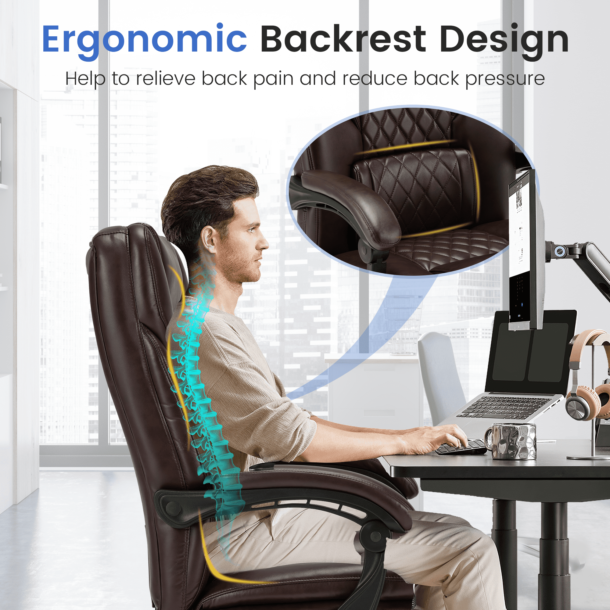 HOMREST Ergonomic Office Chair with 6-Point Massage & Heating, Adjustable Executive Desk Chair with Retractable Footrest, PU Leather Home Office Desk Chair for Home & Office (Black)