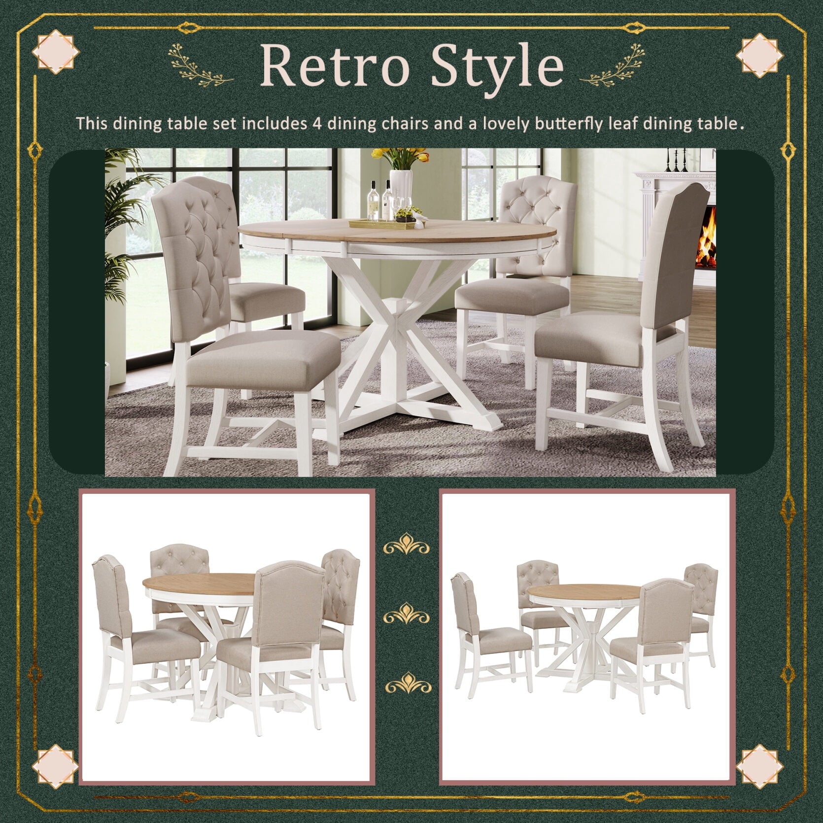 JAMPOOCA Retro Style MDF Extendable 5 Pieces Dining Table Set, Natural Wood