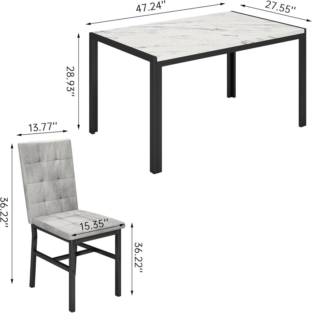 MOOSENG 5-Piece Dining Table Set with Faux Marble Top, Modern Kitchen Table and Set of 4 Grey Velvet Upholstered Chairs, Space-Saving Dinette Set for Small Spaces