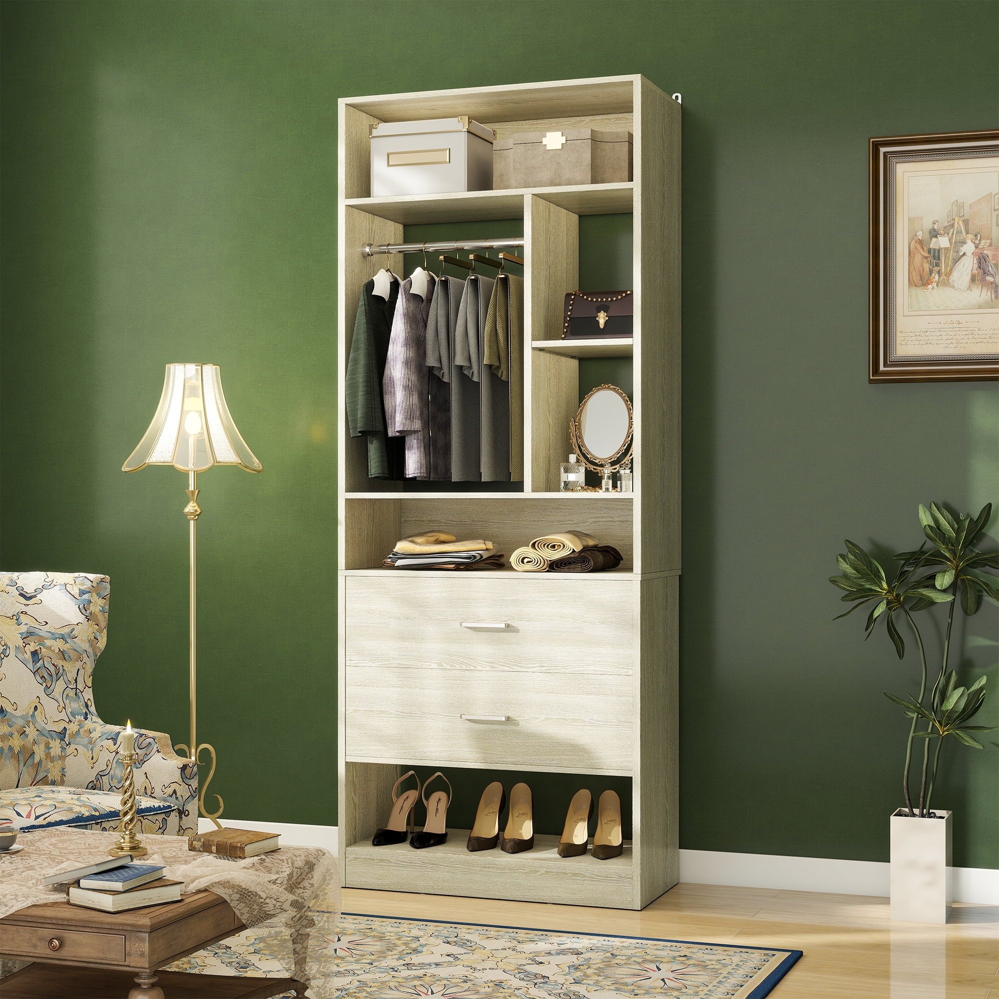 Homieasy Freestanding 24 Closet System with 2 Wood Drawers, 2FT Small Closet Organizer System with 6 Shelves & Hanging Rod, Walk-in Closet Systems for Small Closets, White