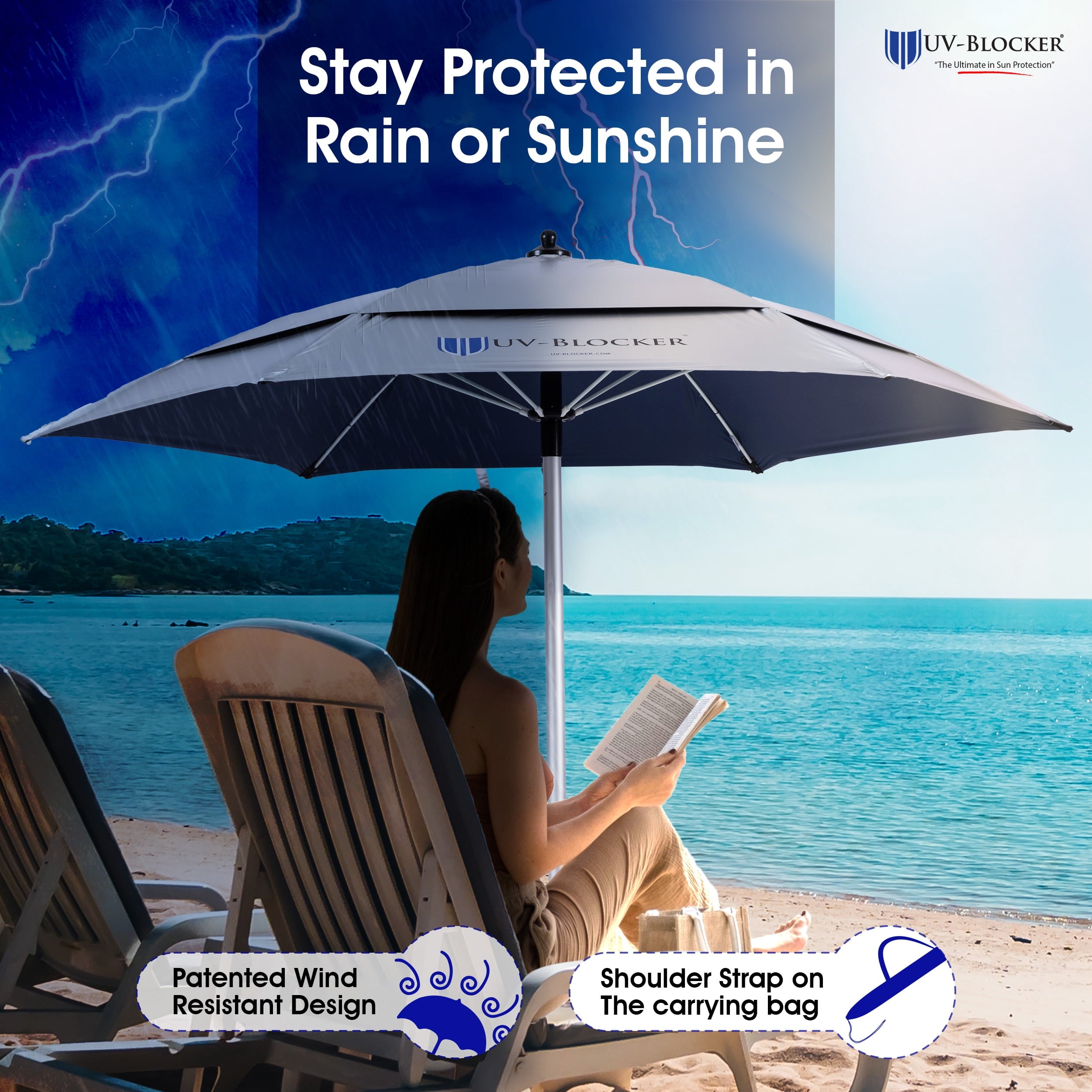 UV Blocker Beach Umbrella Sun Protection UPF 55+ Heavy Duty Large Beach Umbrellas for Sand 7.5 Foot