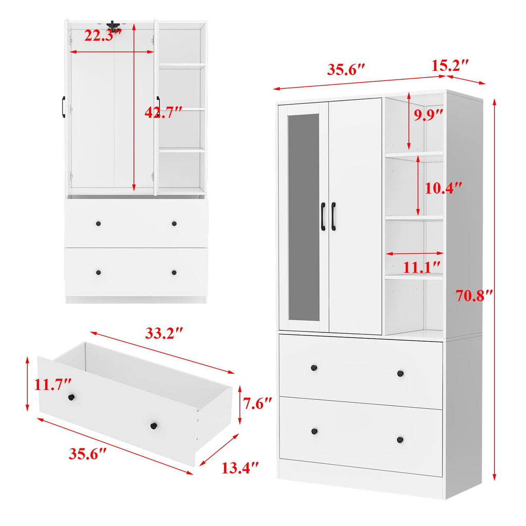 Wiawg 2 Door Wardrobe Armoire,Mirrored Closet Storage with Drawers and Shelves,White