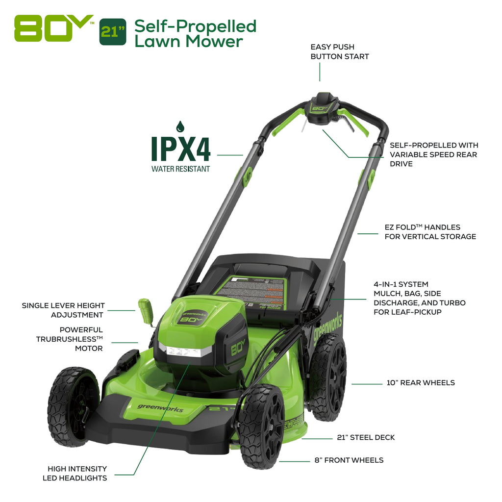 Greenworks 80V 21 Brushless Cordless Self-Propelled Lawn Mower, 4.0 Ah Battery and Rapid Charger Included
