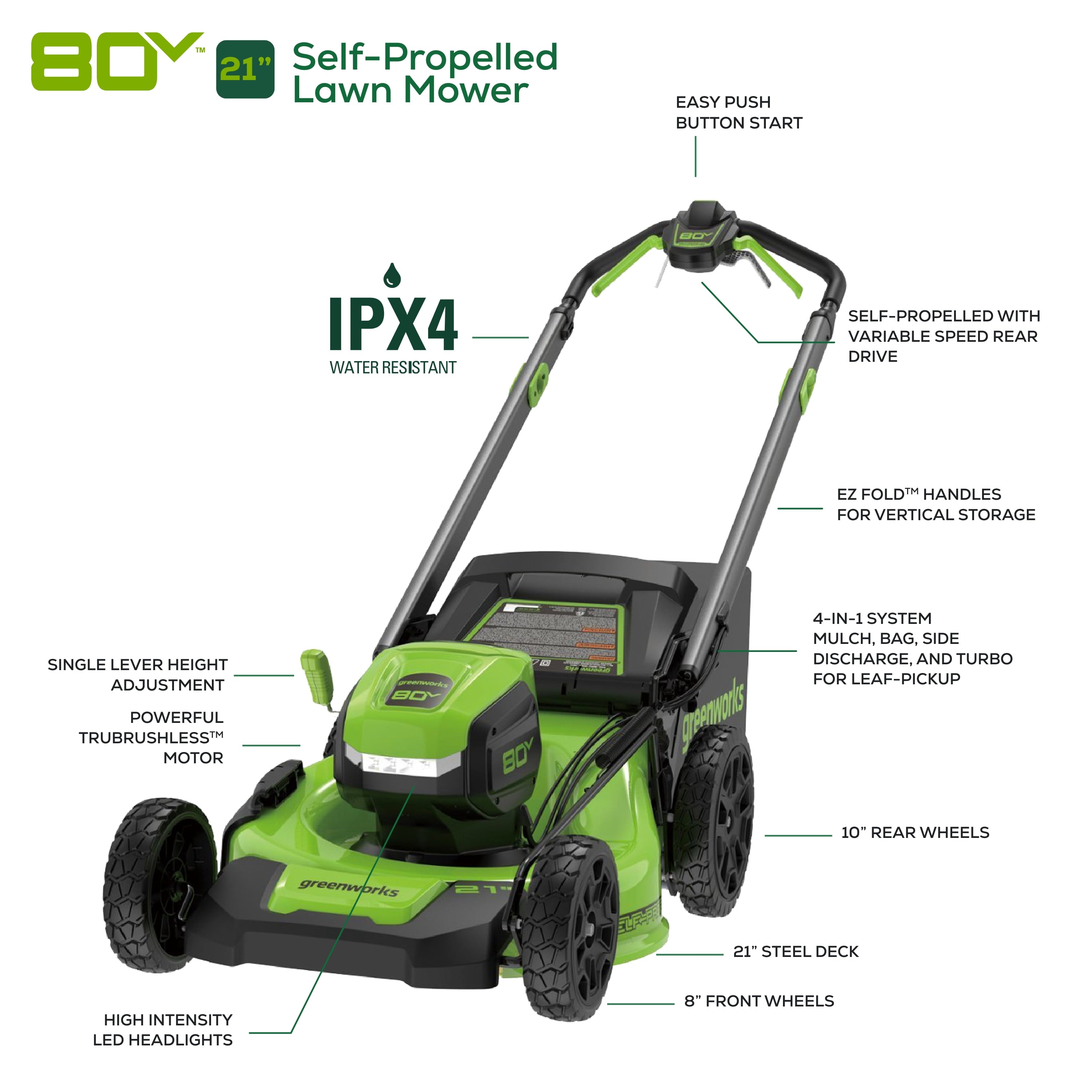 Greenworks 80V 21 Brushless Cordless Self-Propelled Lawn Mower, 4.0 Ah Battery and Rapid Charger Included