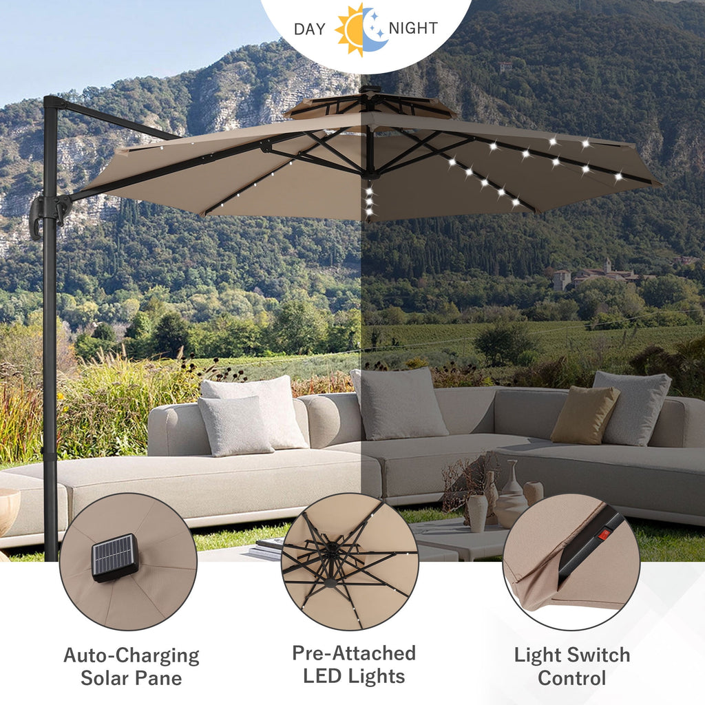 Ainfox 10ft Double Top Heavy-Duty Patio Cantilever Umbrella with lights and Cross Base, Outdoor Large Offset Hanging Aluminum Rotation Sun Shade Solar Umbrella with 360°Rotation Adjustable,Khaki