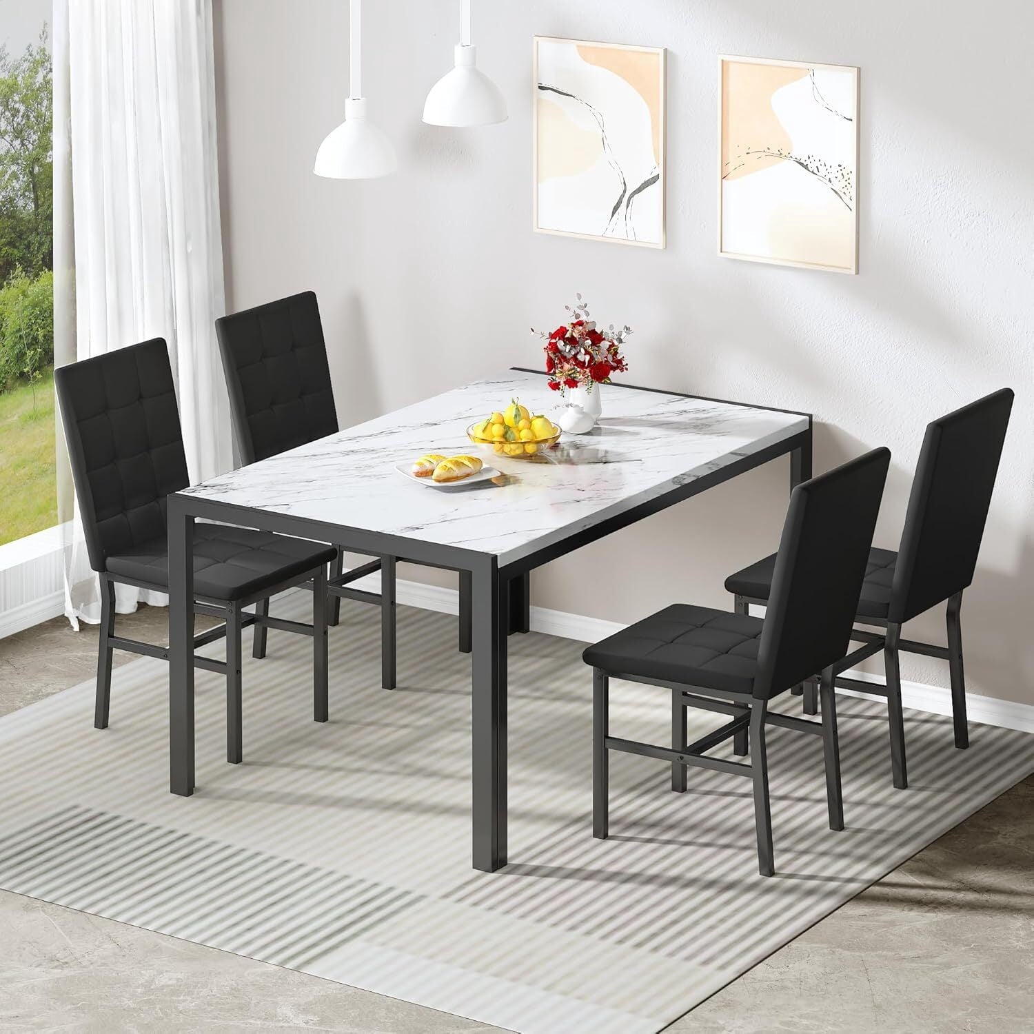 MOOSENG 5-Piece Dining Table Set with Faux Marble Top, Modern Kitchen Table and Set of 4 Grey Velvet Upholstered Chairs, Space-Saving Dinette Set for Small Spaces