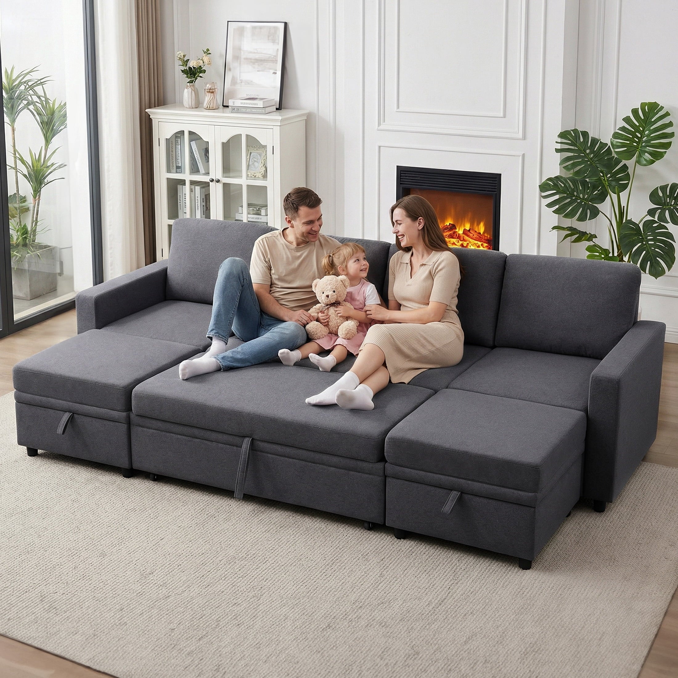 AENKYO 102 U-Shaped Sectional Sofa Bed, Linen Pull Out Sleeper Couch with Storage Seats for Living Room，White