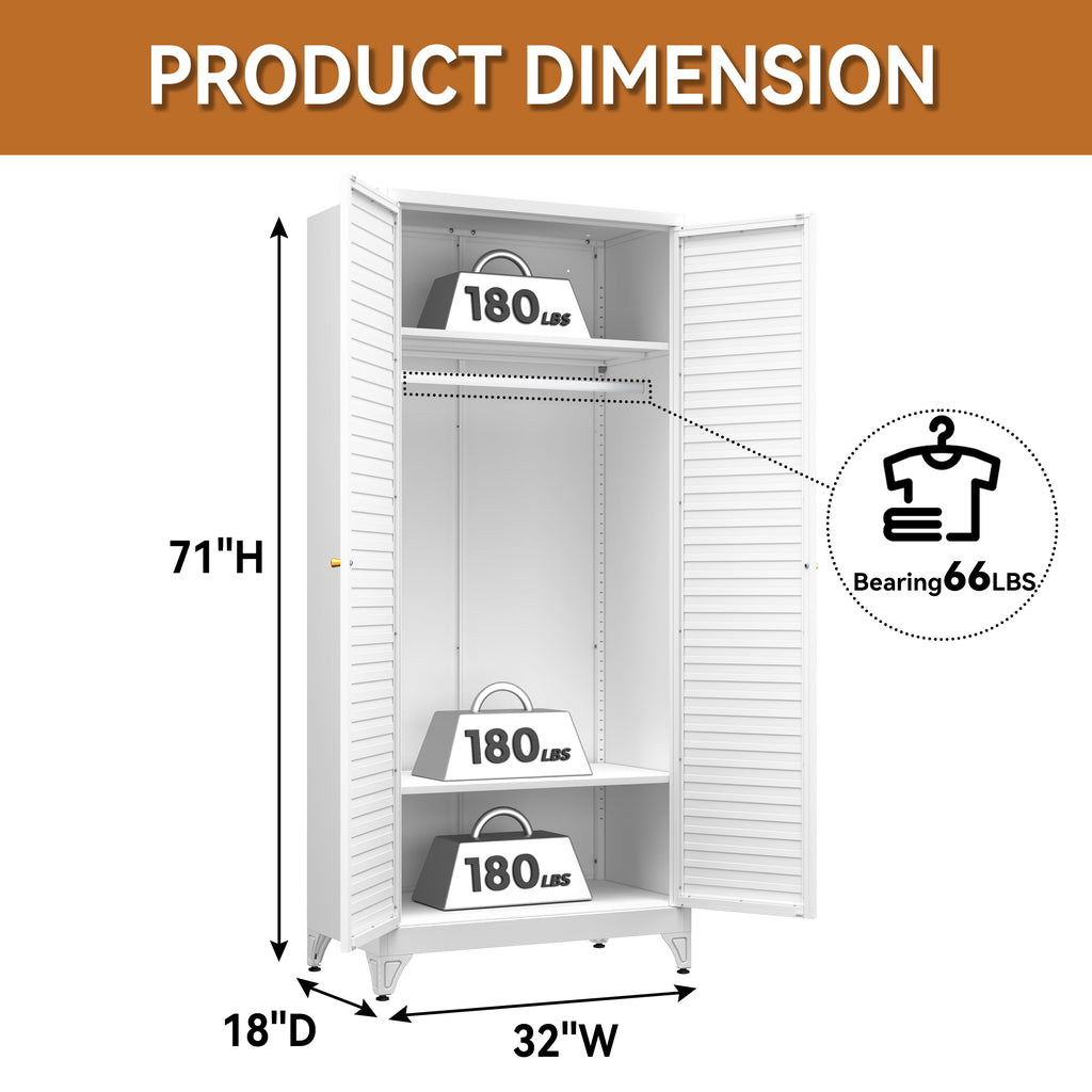 Polup 71 H Modern Metal Sturdy Armoire Cabinet with Shelves and Hanging Rod, Adult Bedroom Wardrobe Closet with Doors