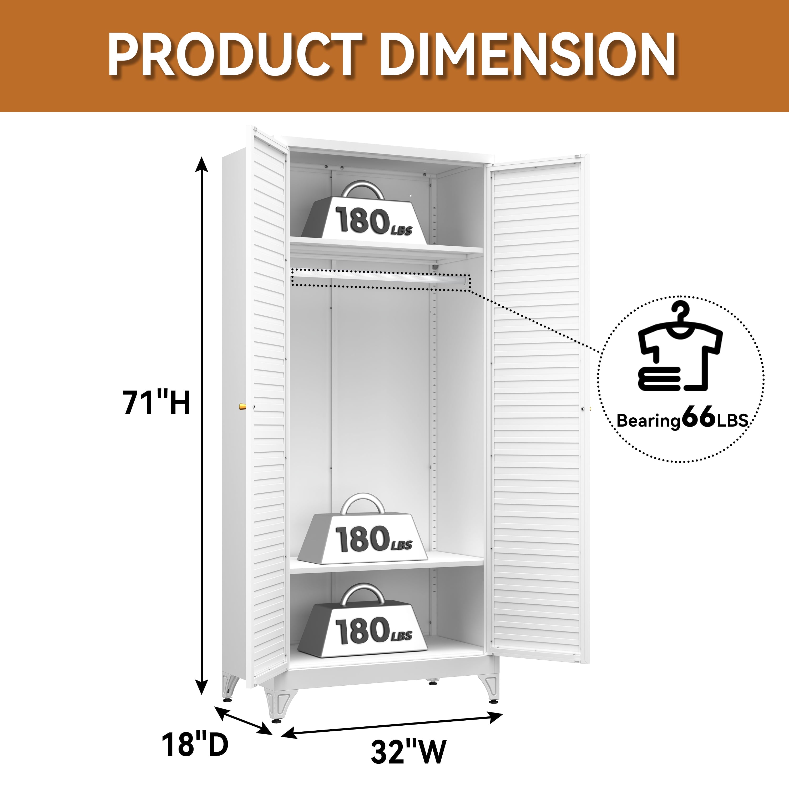 Polup 71 H Modern Metal Sturdy Armoire Cabinet with Shelves and Hanging Rod, Adult Bedroom Wardrobe Closet with Doors