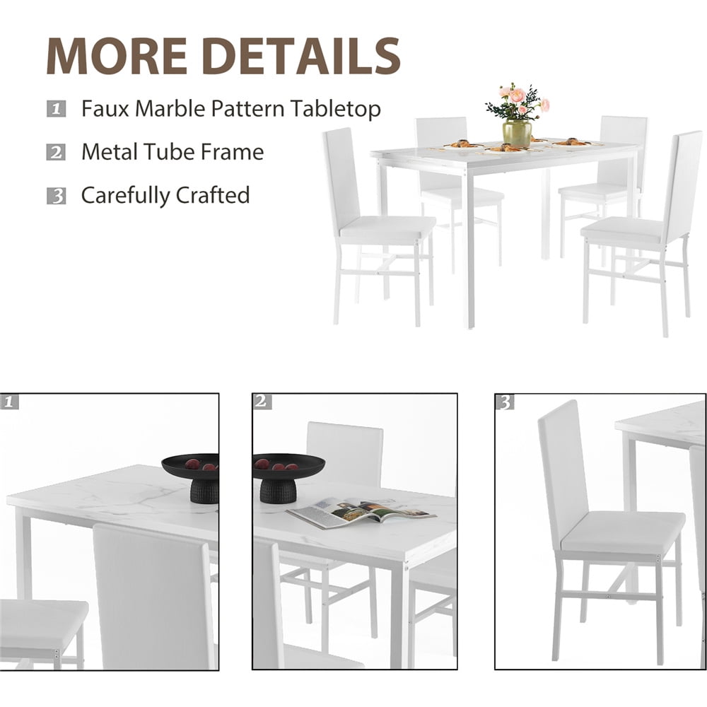 UHOMEPRO Dining Table Set for 4, 5 Piece Dining Room Table Set with Gray Velvet Upholstered Chairs, White Faux Marble Pattern Rectangle Kitchen Table Set for Breakfast Nook Small Space