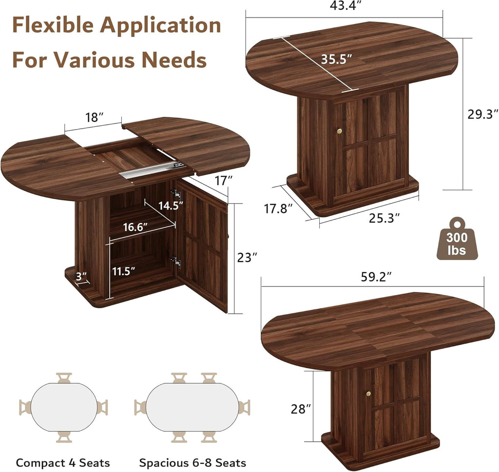 iPormis Extendable Round Dining Table for 4-6, 59'' Modern Kitchen Table with 2-Tier Storage Shelf, Wood Door, MDF Board, Space Saving Oval Dinner with Sturdy Pedestal Base, Kitchen, Dining,Walnut