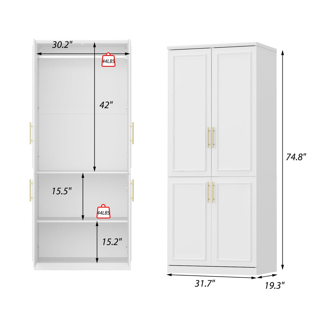 KULAGAGA Wardrobe Closet with Hanging Rod, Modern Wooden Armoire with 4 Framed Doors & 3 Large Shelves, Clothes Storage Cabinet Organizer for Bedroom Apartment, White