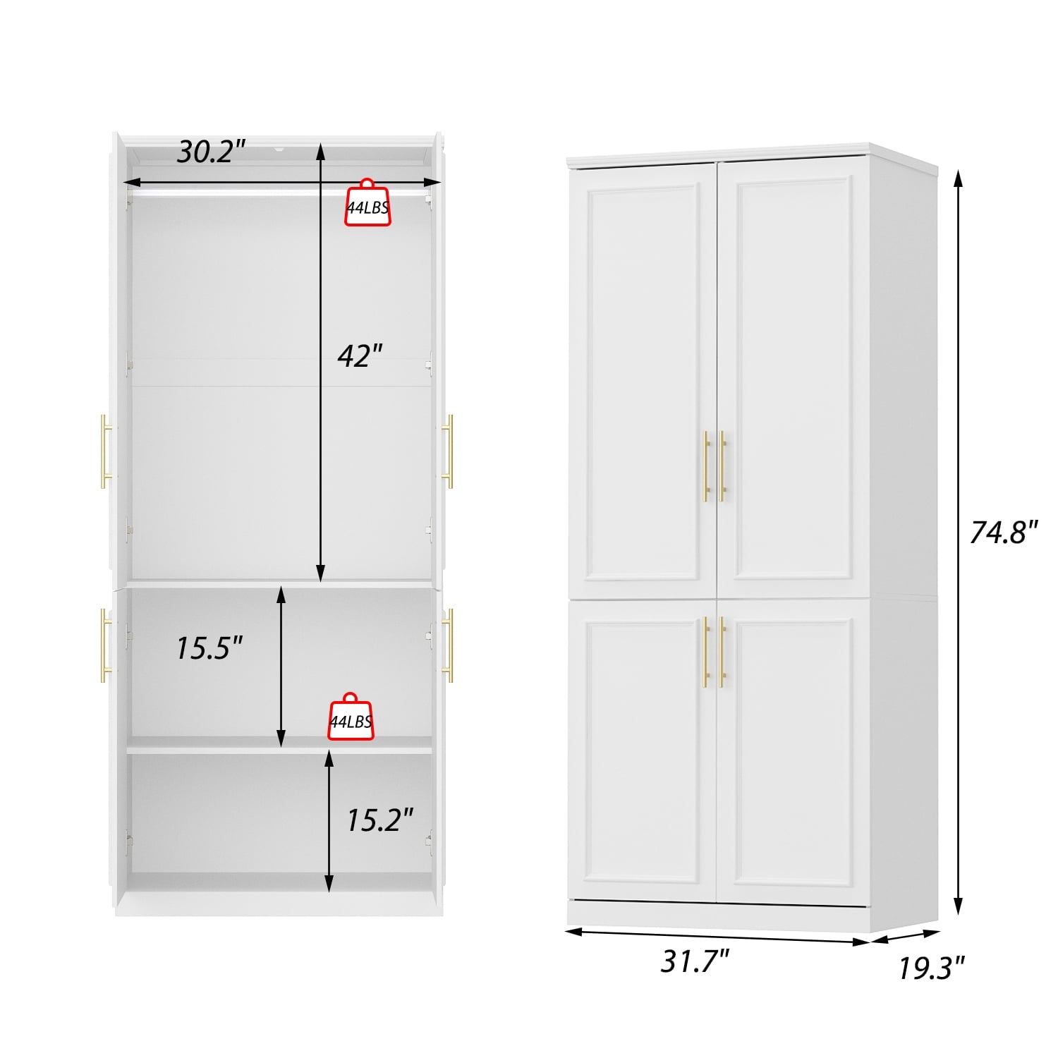 KULAGAGA Wardrobe Closet with Hanging Rod, Modern Wooden Armoire with 4 Framed Doors & 3 Large Shelves, Clothes Storage Cabinet Organizer for Bedroom Apartment, White