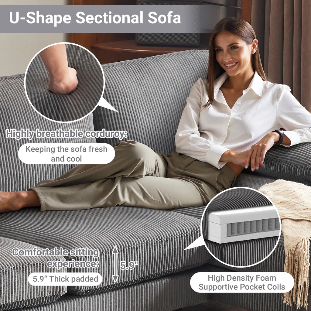 Ktaxon U-Shaped Sectional Sofa, 111  Chenille Couch, 4 Seat Lounge Sleeper with Double Chaise for Living Room Black