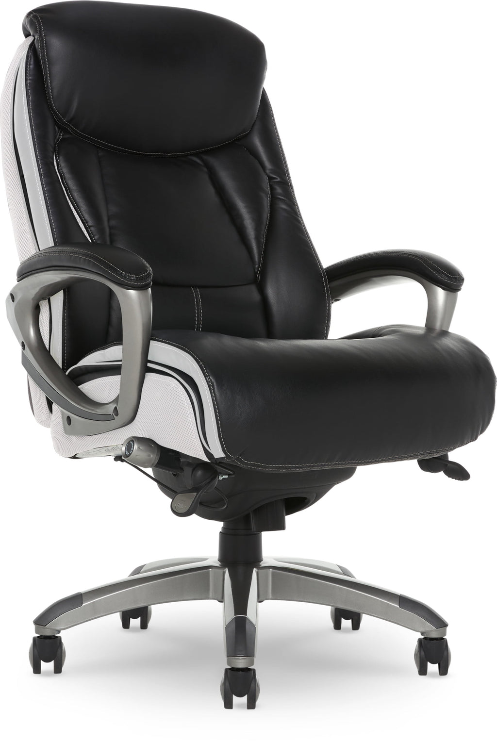 Serta Lautner Executive Home Office Desk Chair, Ergonomic High-Back with Adjustable Lumbar and Body Pillows, SmartLayers and ComfortCoils Technology, Mesh and Bonded Leather, Black and Gray