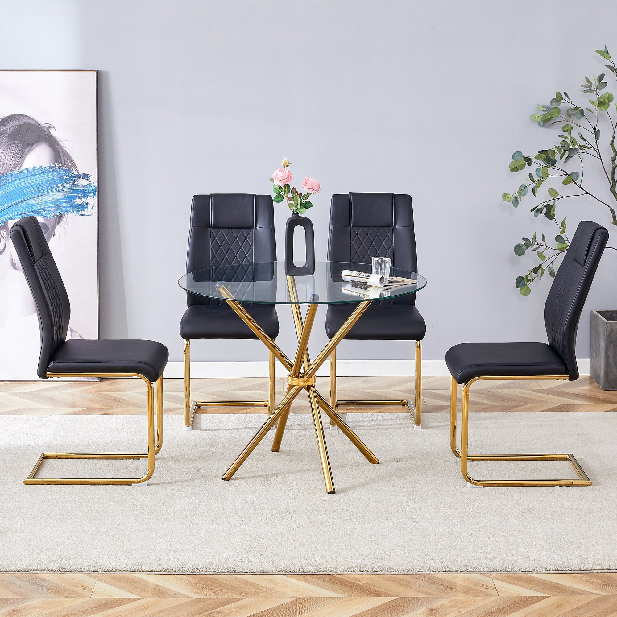 LUFTUT 36.6 Round Glass Dining Table, Modern Gold Base Kitchen Table, Small Space Bistro Table, Clear Tempered Glass Top for Apartmen